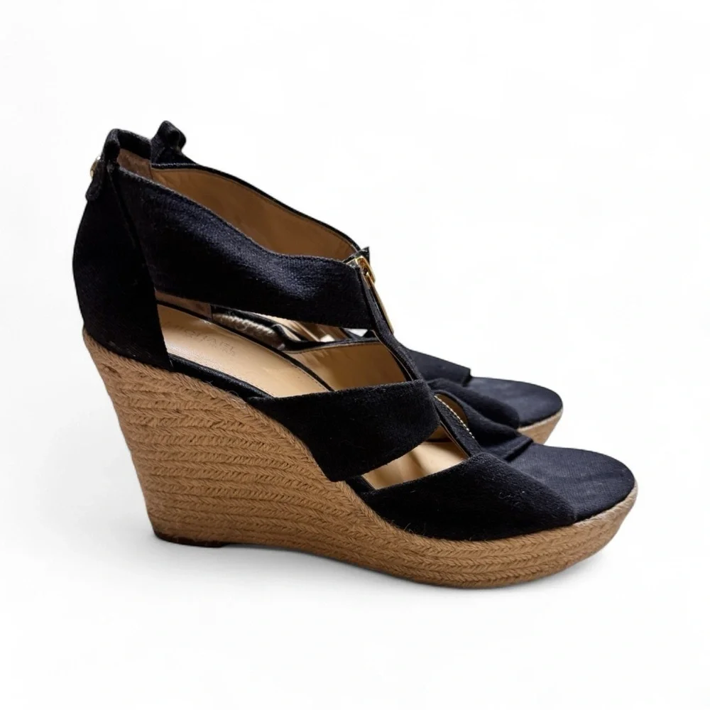 Michael Kors Black Canvas Espadrille Wedge Sandals Women’s Size 10 – 4” Heel